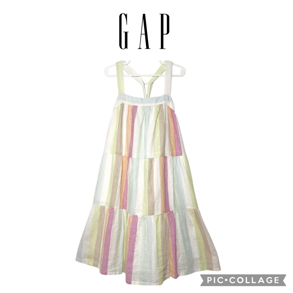 Gap girls crisscross back tiered striped multicolor dress linen blend size L NWT